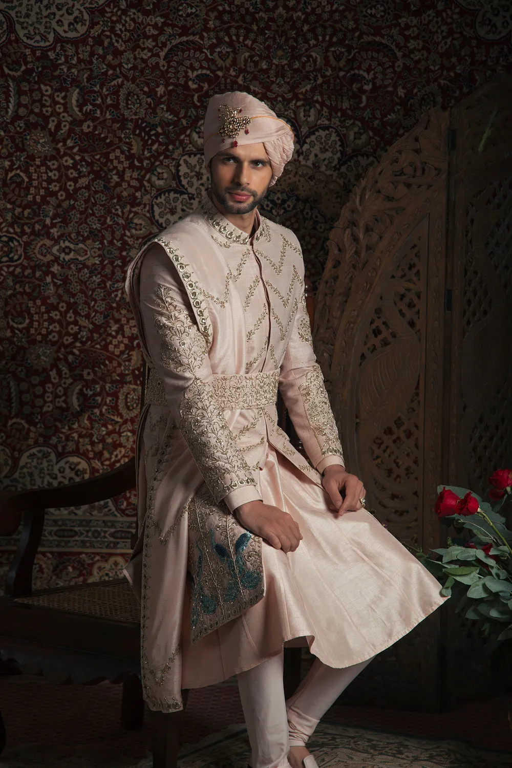 Powder Peach Peacock Sherwani Set