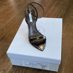 Prada Black Pointed Toe Leather Strap Sandal with Logo Plaque Point