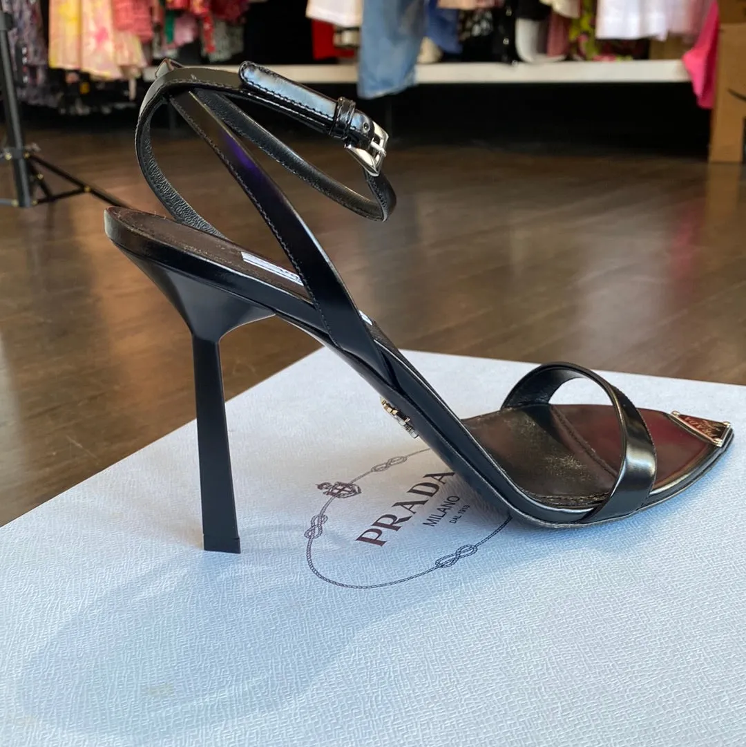 Prada Black Pointed Toe Leather Strap Sandal with Logo Plaque Point