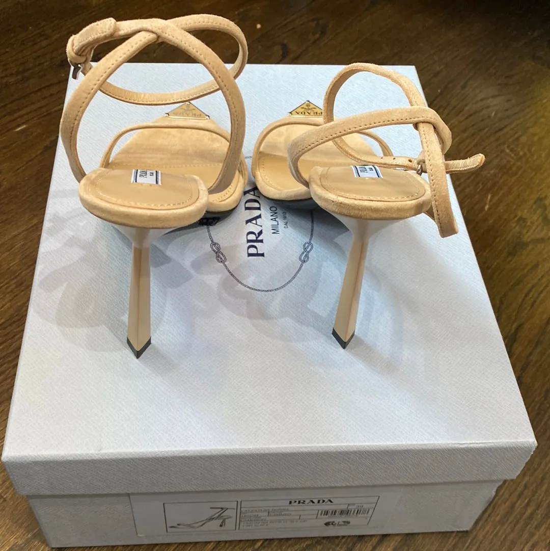 Prada Tan Suede Pointed Toe Ankle Strap Sandal with Logo Plaque Point
