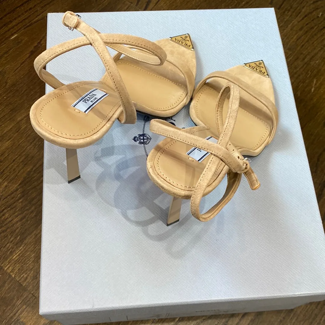 Prada Tan Suede Pointed Toe Ankle Strap Sandal with Logo Plaque Point