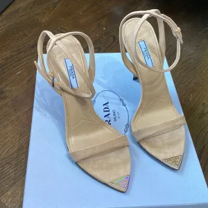 Prada Tan Suede Pointed Toe Ankle Strap Sandal with Logo Plaque Point