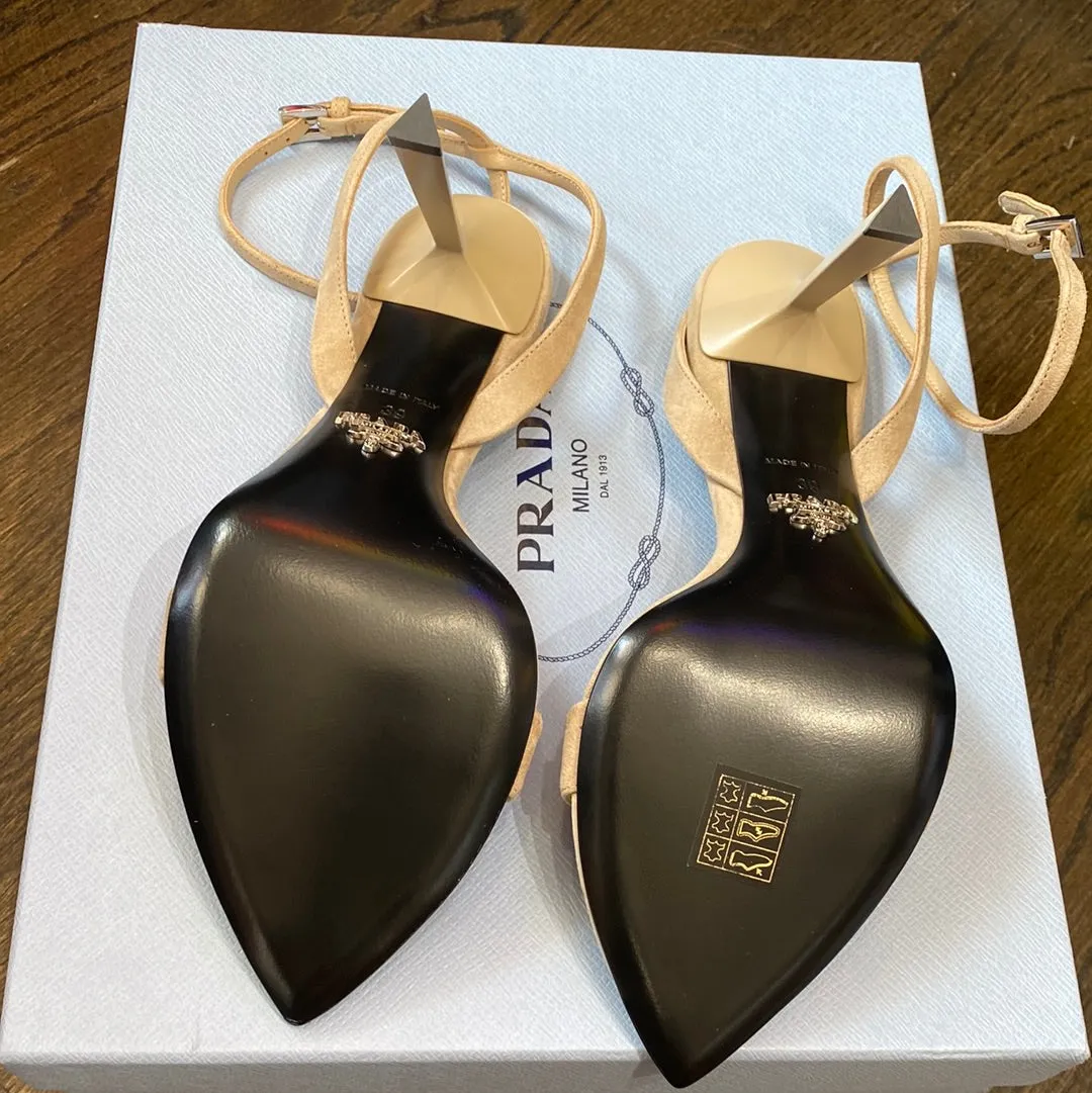 Prada Tan Suede Pointed Toe Ankle Strap Sandal with Logo Plaque Point