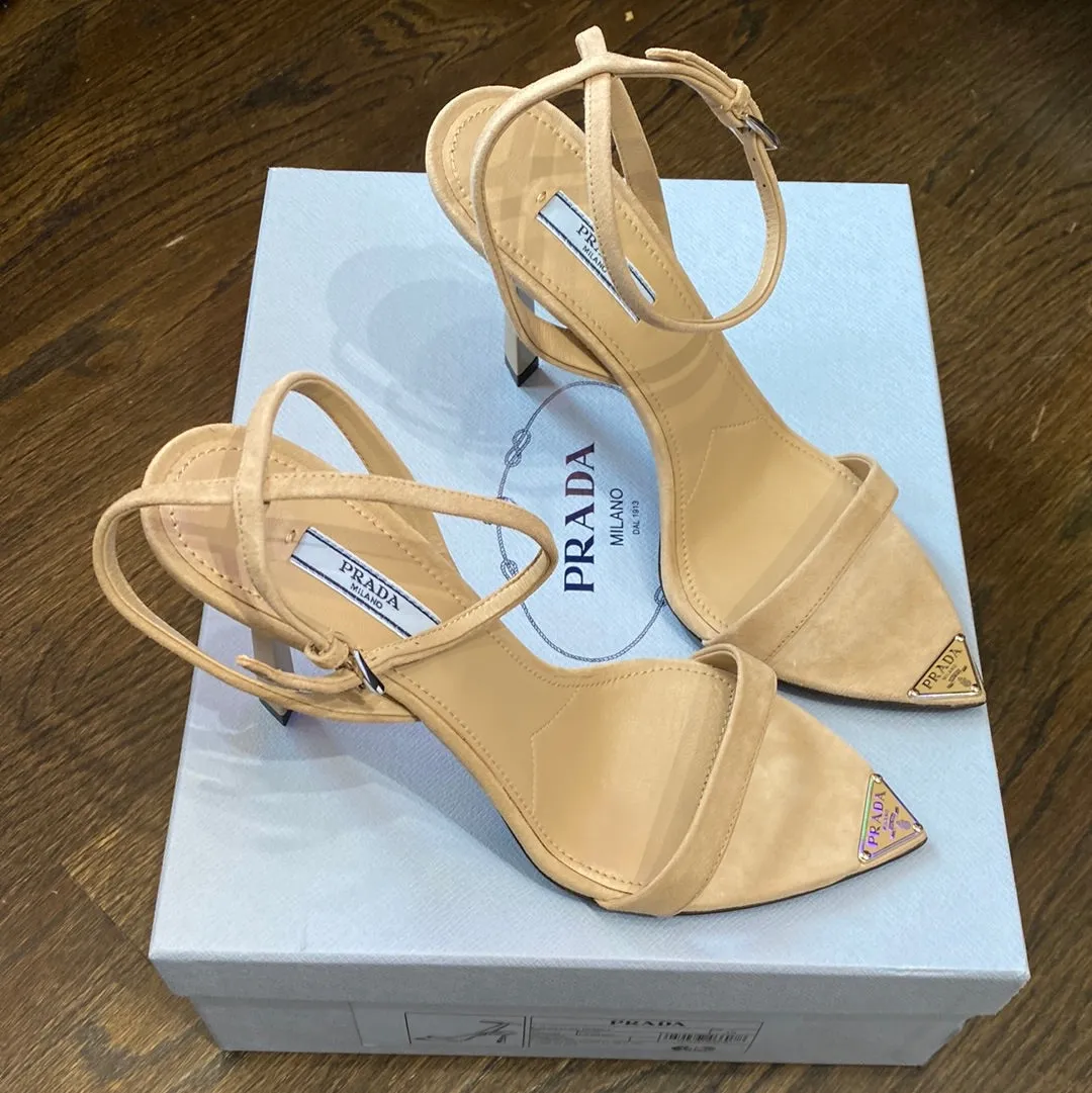 Prada Tan Suede Pointed Toe Ankle Strap Sandal with Logo Plaque Point