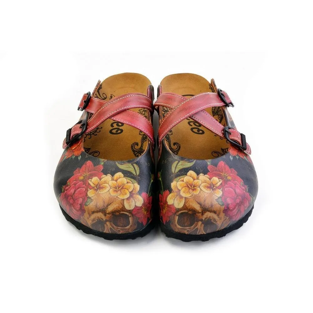 Red, Black Color and Flowering Skull Patterned Clogs - CAL171