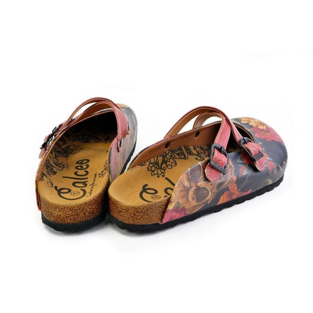 Red, Black Color and Flowering Skull Patterned Clogs - CAL171