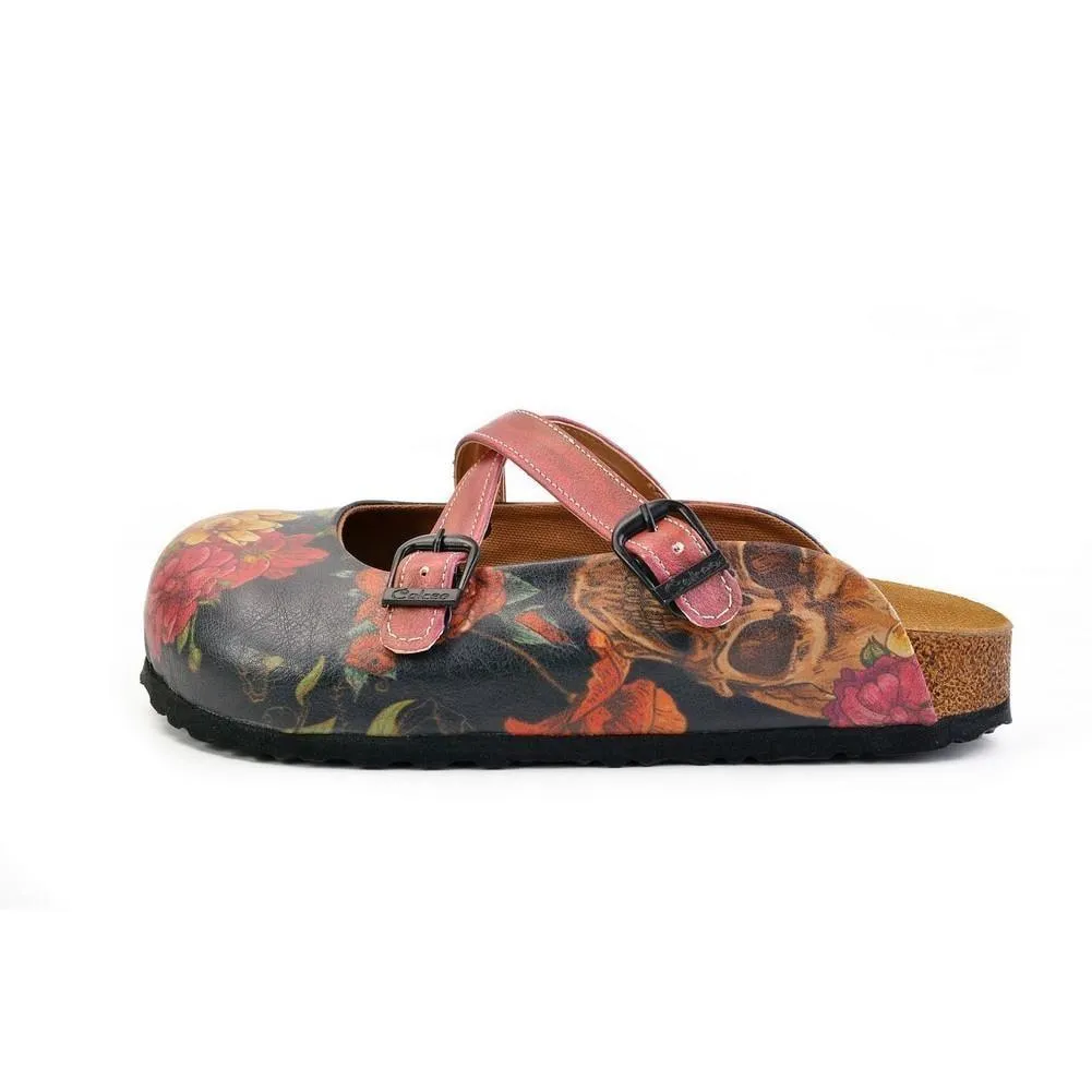 Red, Black Color and Flowering Skull Patterned Clogs - CAL171