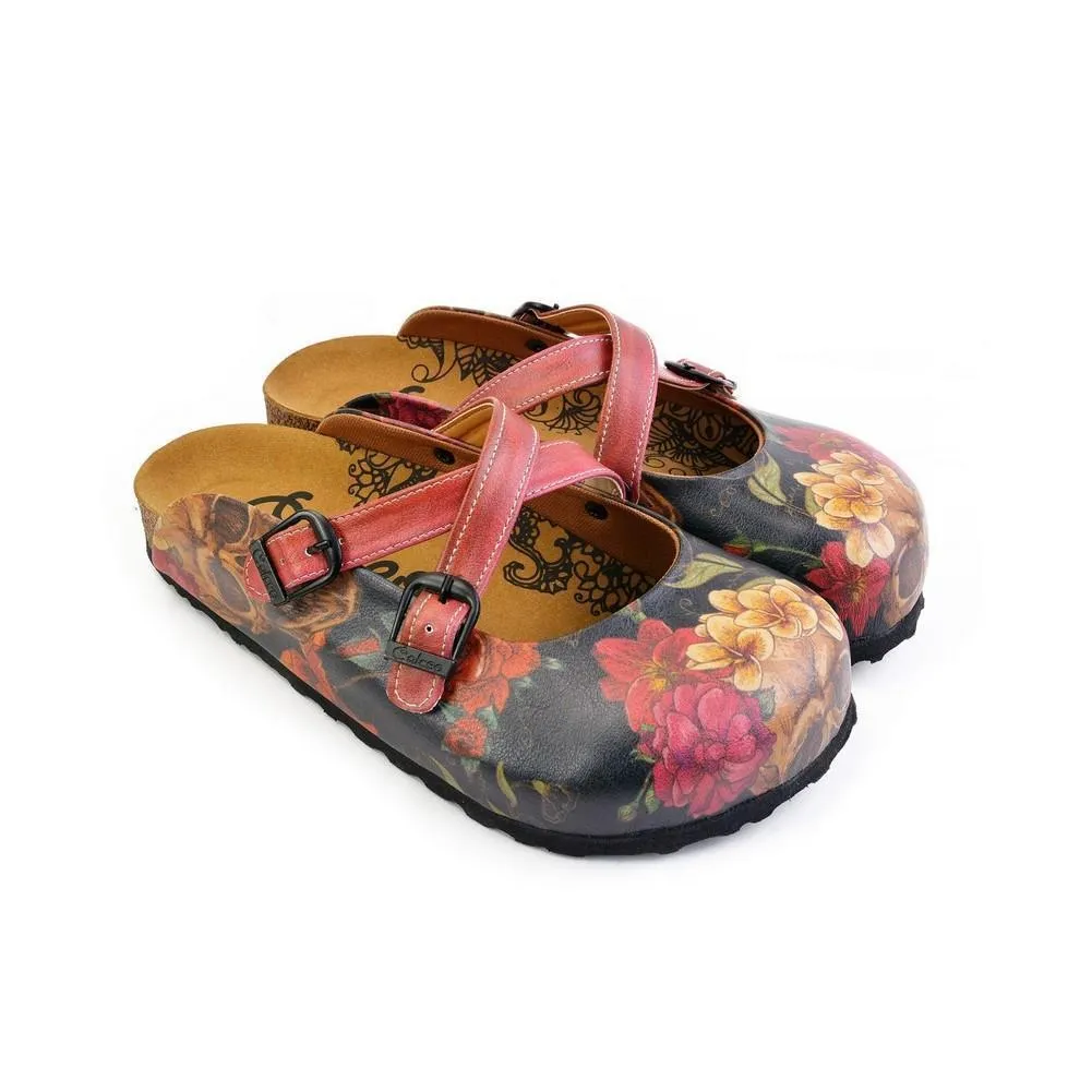 Red, Black Color and Flowering Skull Patterned Clogs - CAL171