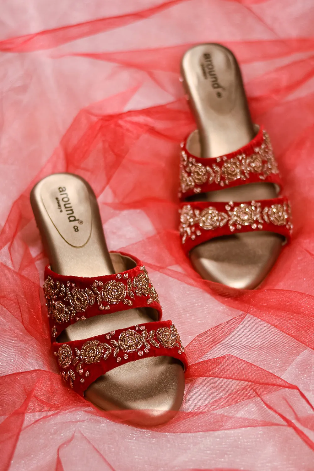 Red Hand Embroidered Flats