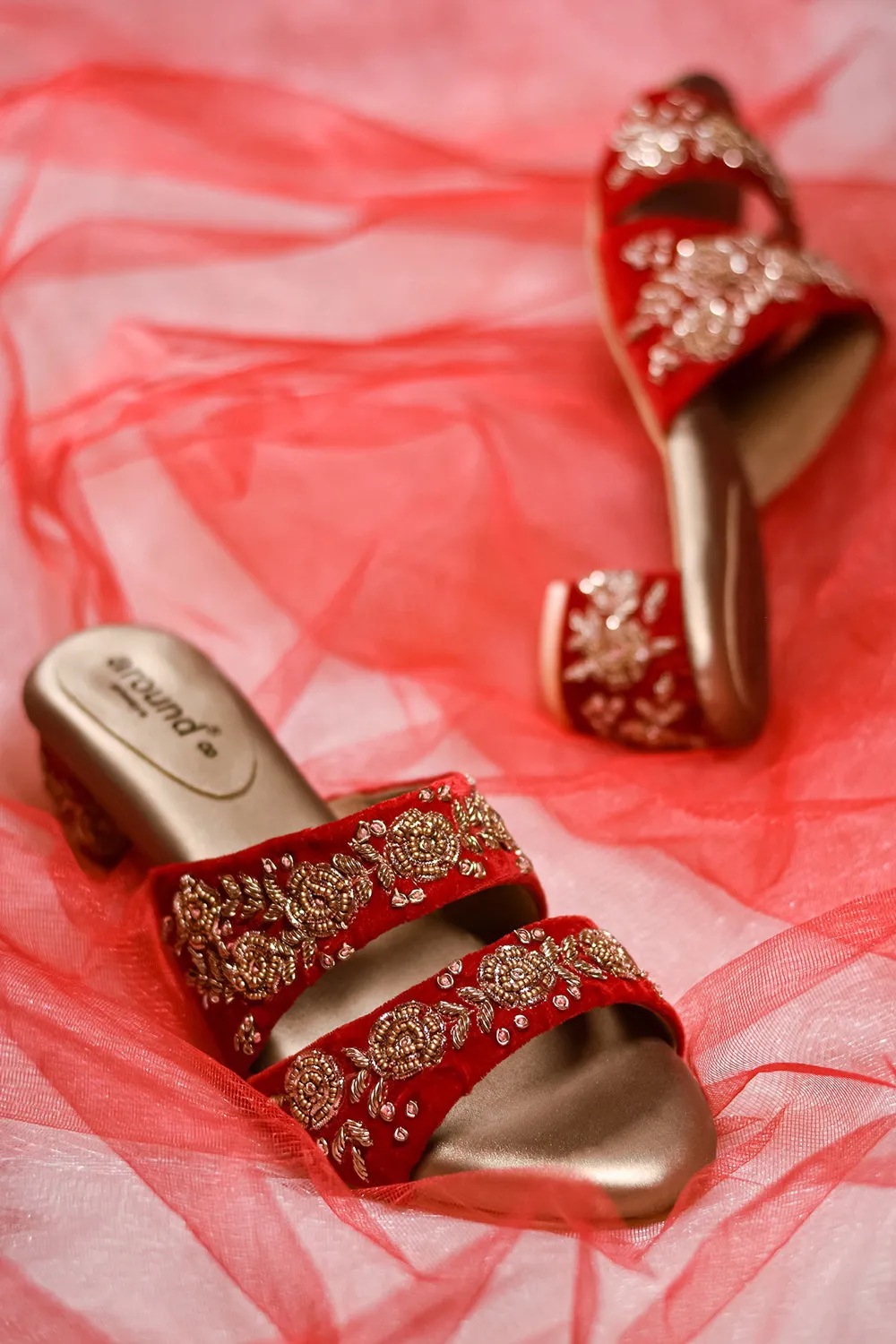 Red Hand Embroidered Flats