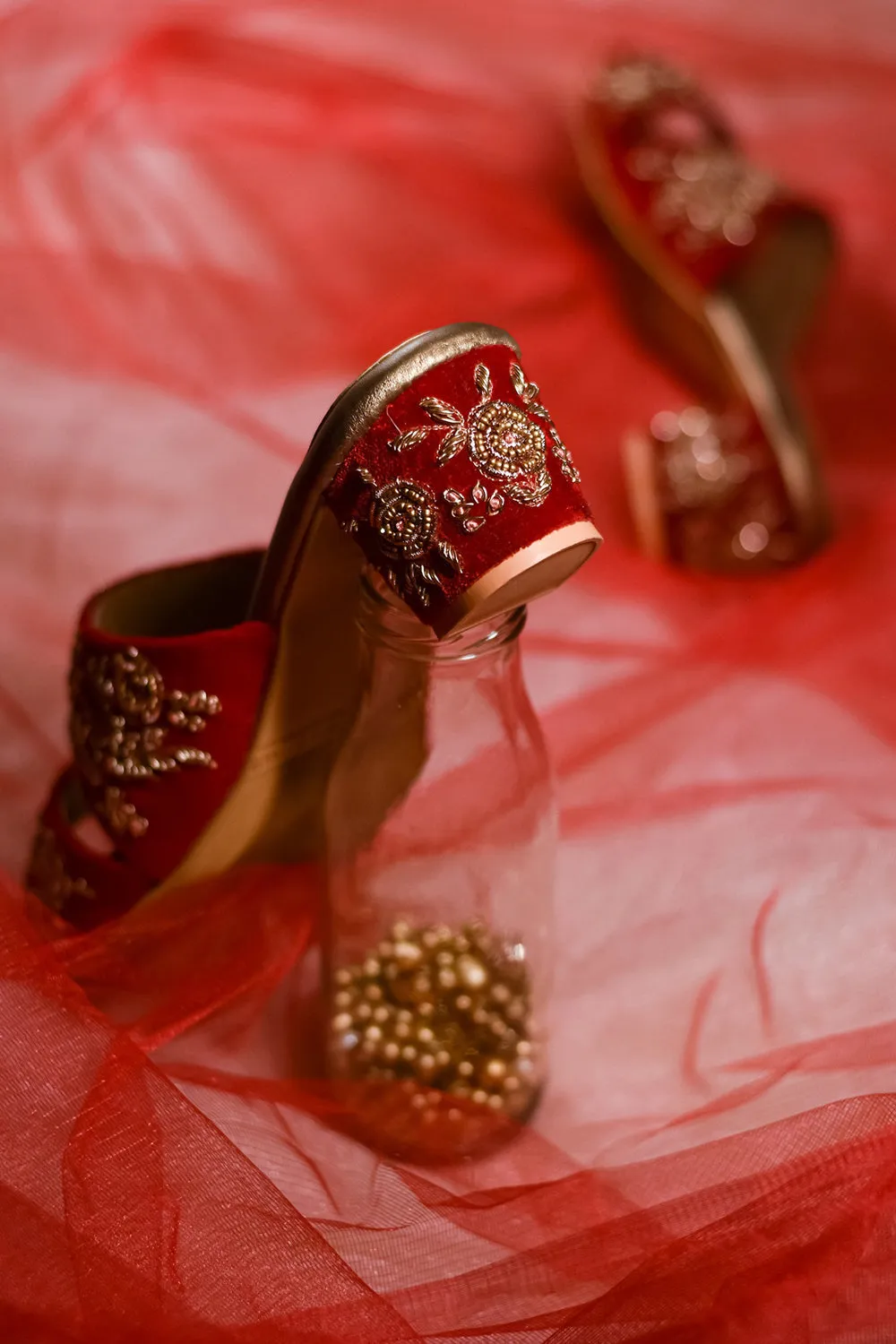 Red Hand Embroidered Flats