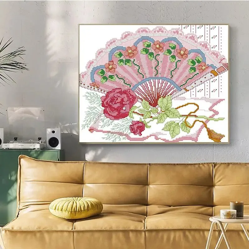 Rose Flower Fan DIY Cross Stitch Embroidery Kits