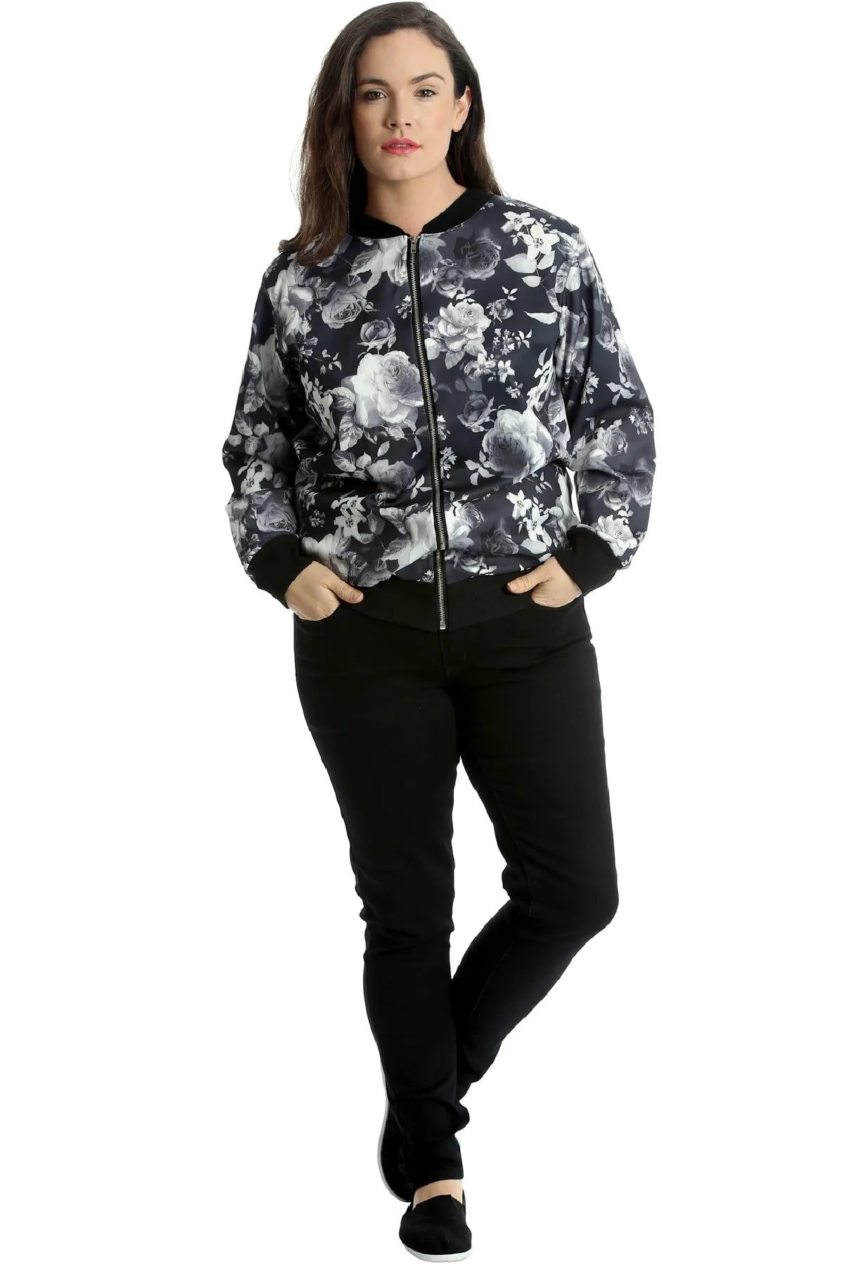 Rose Print Floral Bomber Jacket Top