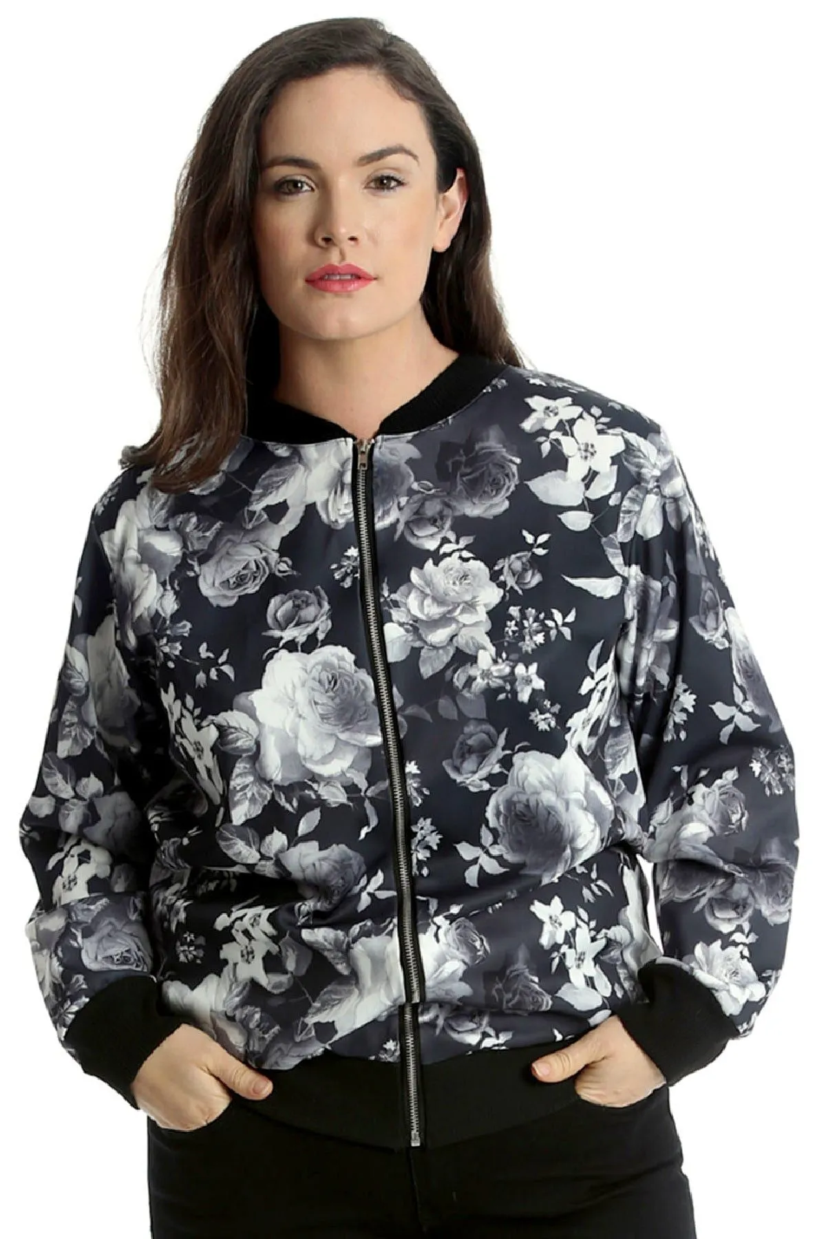 Rose Print Floral Bomber Jacket Top