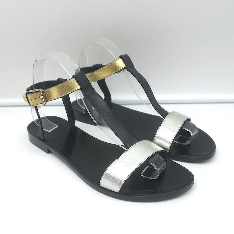 Saint Laurent Colorblock T-Strap Sandals Black & Metallic Leather Size 38.5