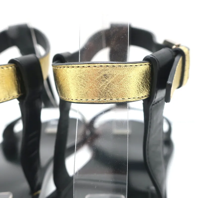Saint Laurent Colorblock T-Strap Sandals Black & Metallic Leather Size 38.5