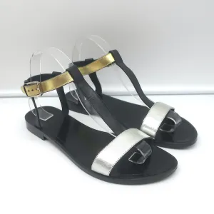 Saint Laurent Colorblock T-Strap Sandals Black & Metallic Leather Size 38.5
