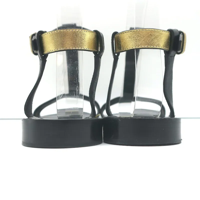 Saint Laurent Colorblock T-Strap Sandals Black & Metallic Leather Size 38.5