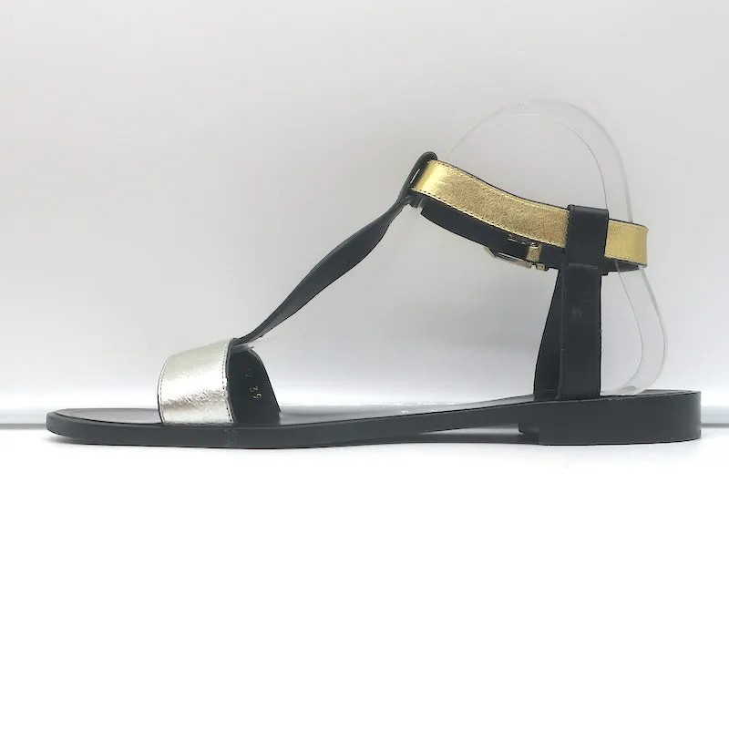 Saint Laurent Colorblock T-Strap Sandals Black & Metallic Leather Size 38.5