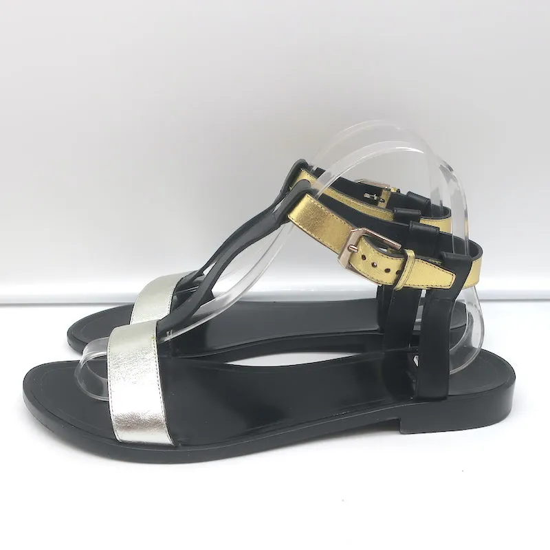 Saint Laurent Colorblock T-Strap Sandals Black & Metallic Leather Size 38.5