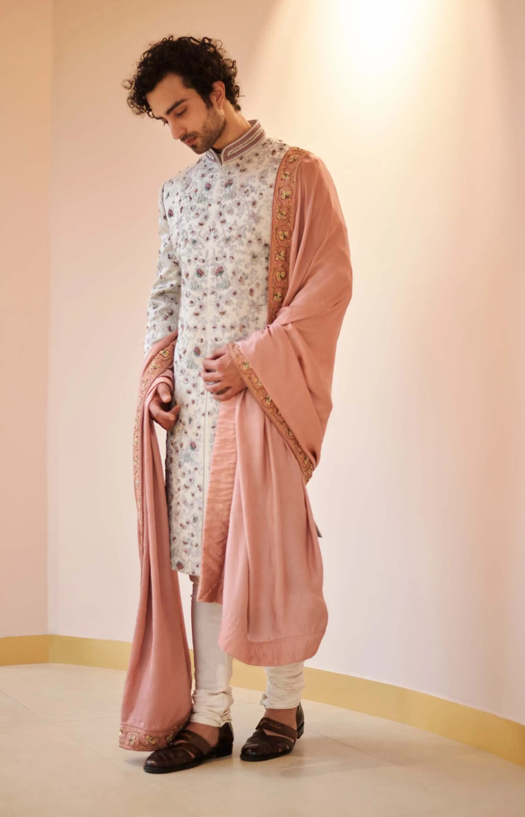 Silver Grey Jamawar Sherwani Set