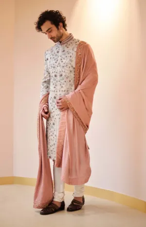 Silver Grey Jamawar Sherwani Set