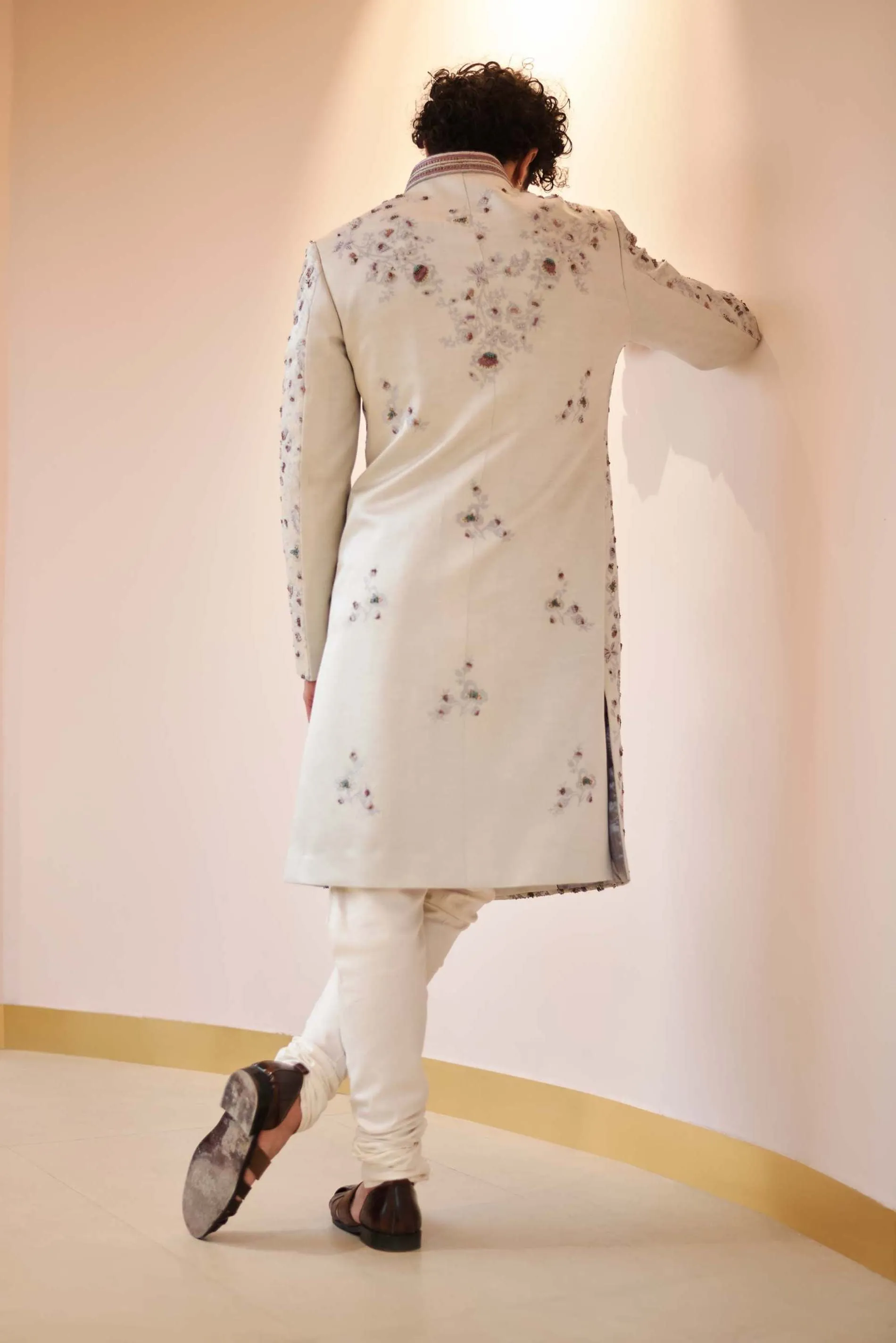 Silver Grey Jamawar Sherwani Set