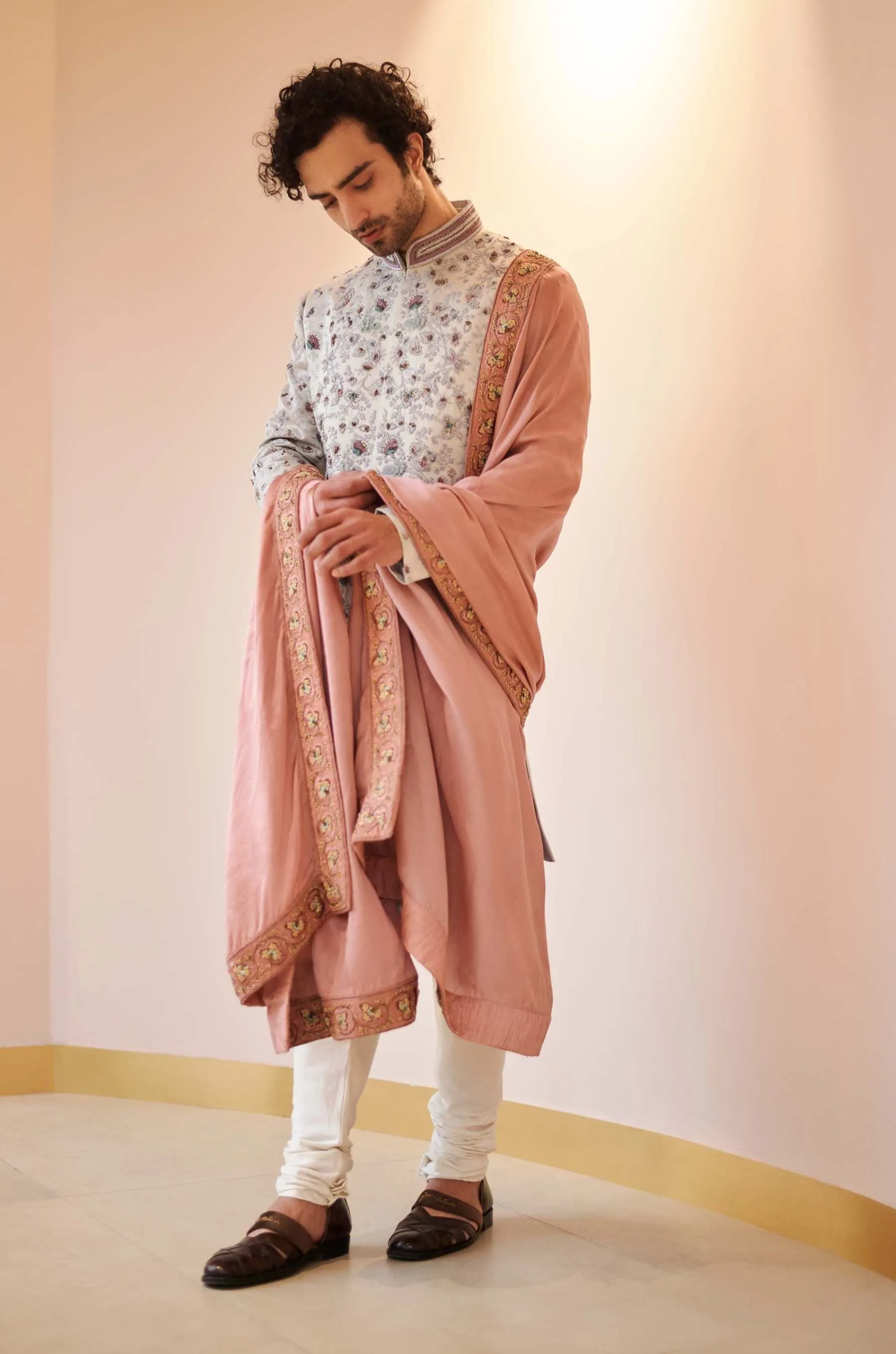 Silver Grey Jamawar Sherwani Set