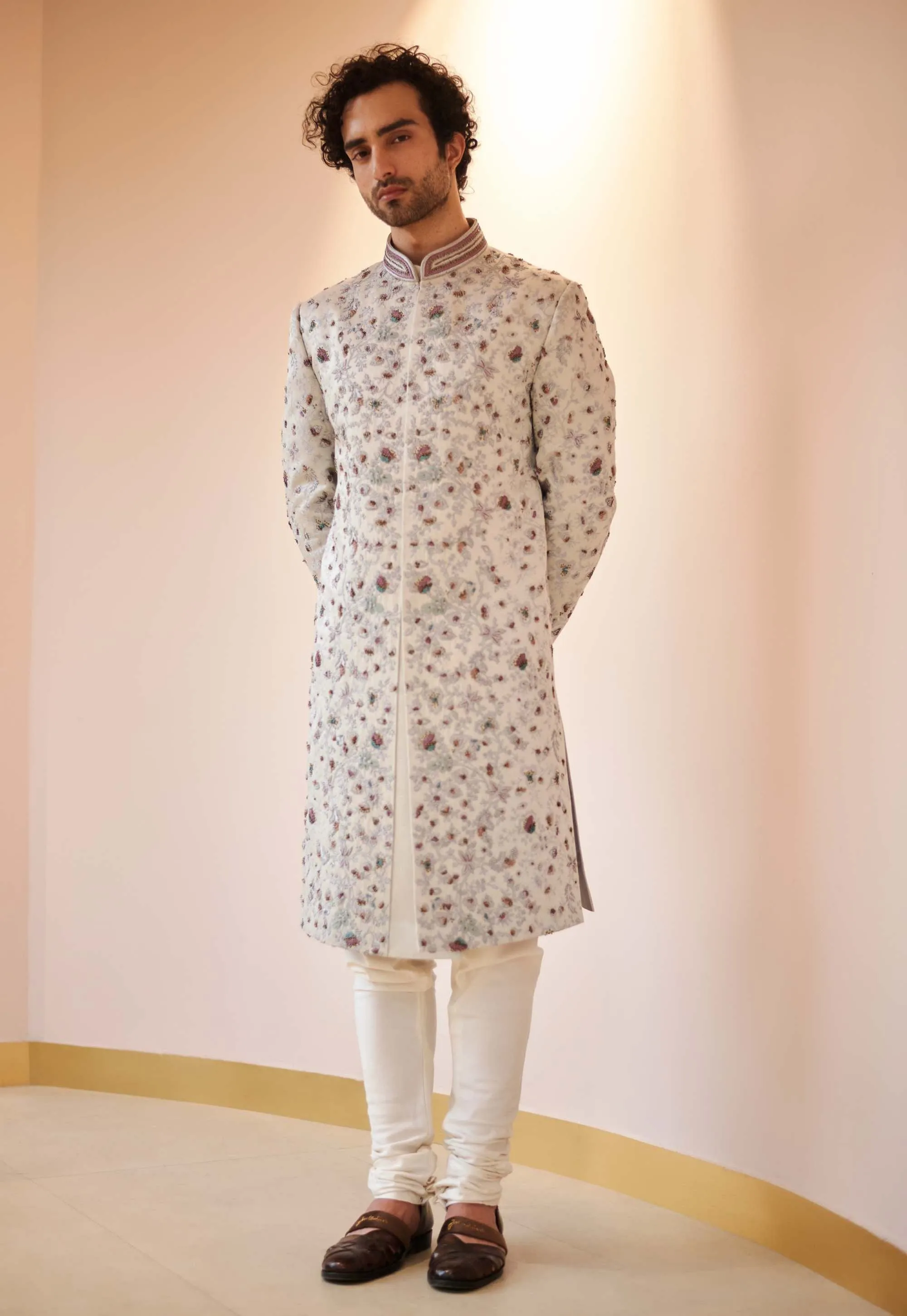 Silver Grey Jamawar Sherwani Set