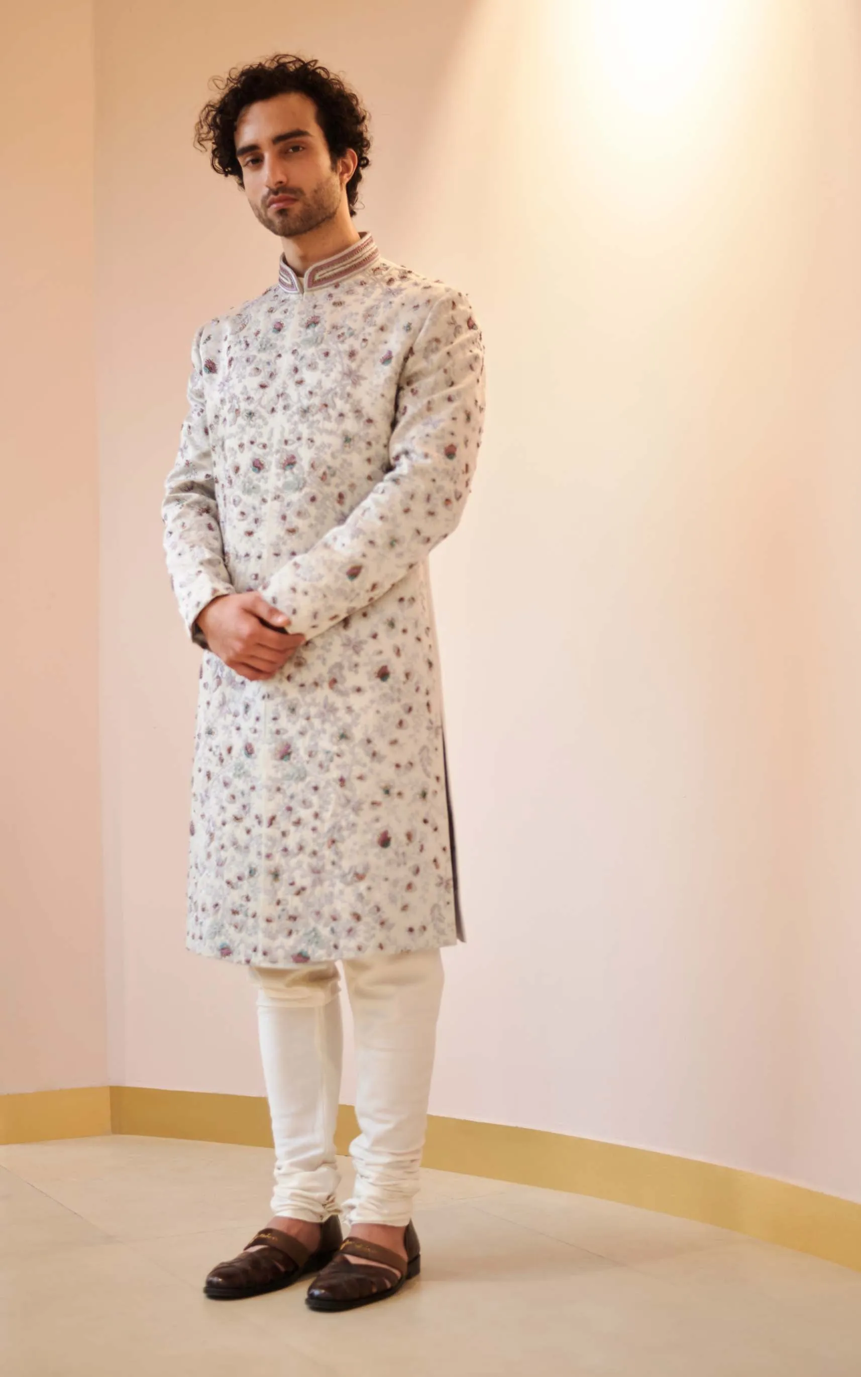 Silver Grey Jamawar Sherwani Set