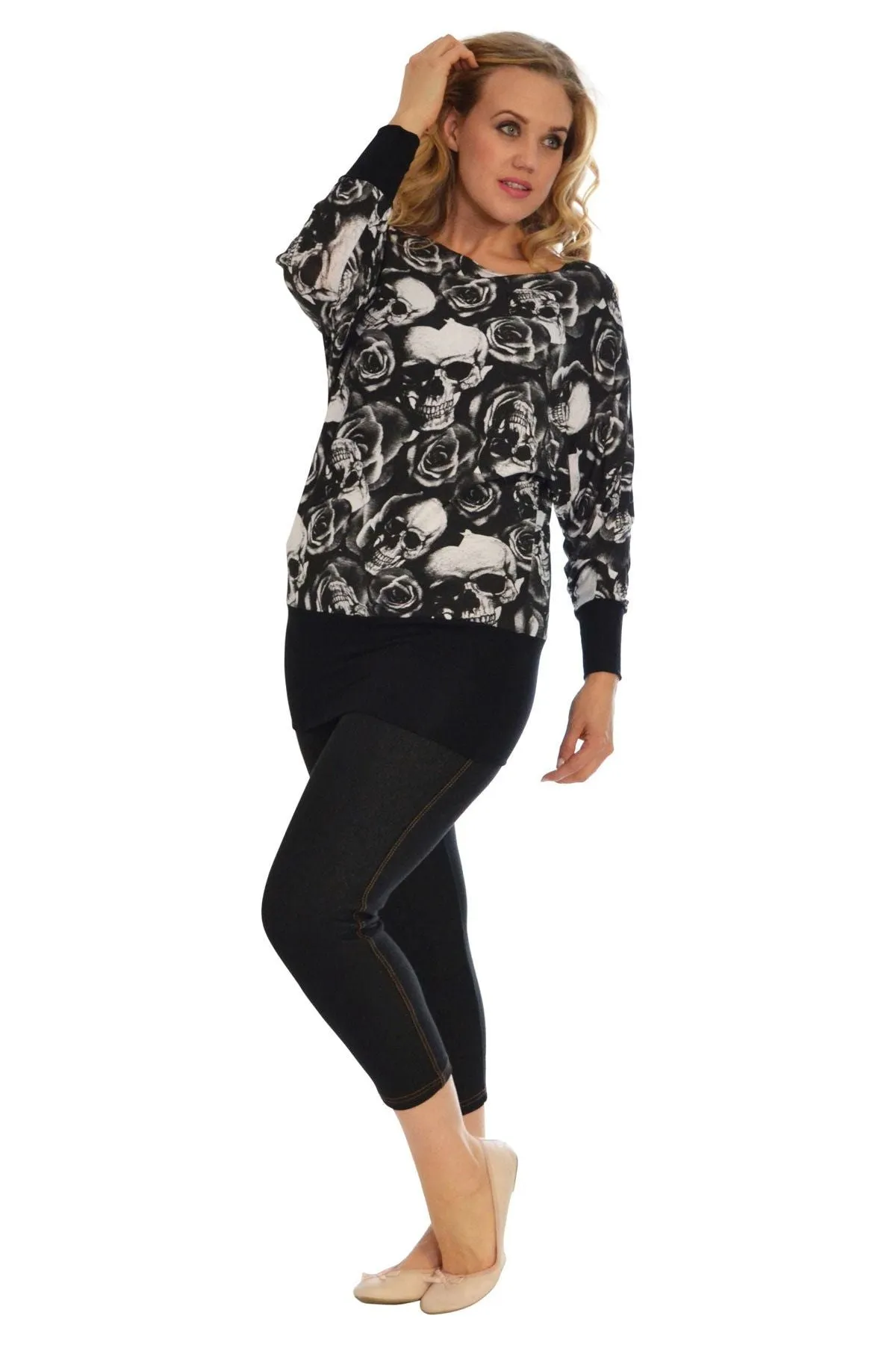 Skull Rose Print Batwing Top