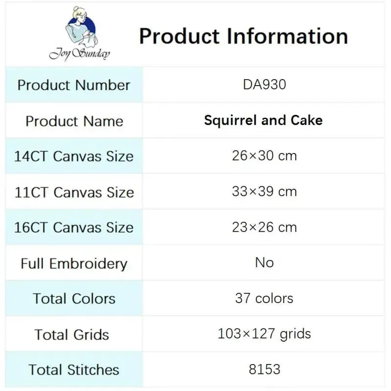 Squirrel & Cake Pattern 14CT 11CT Embroidery Kit