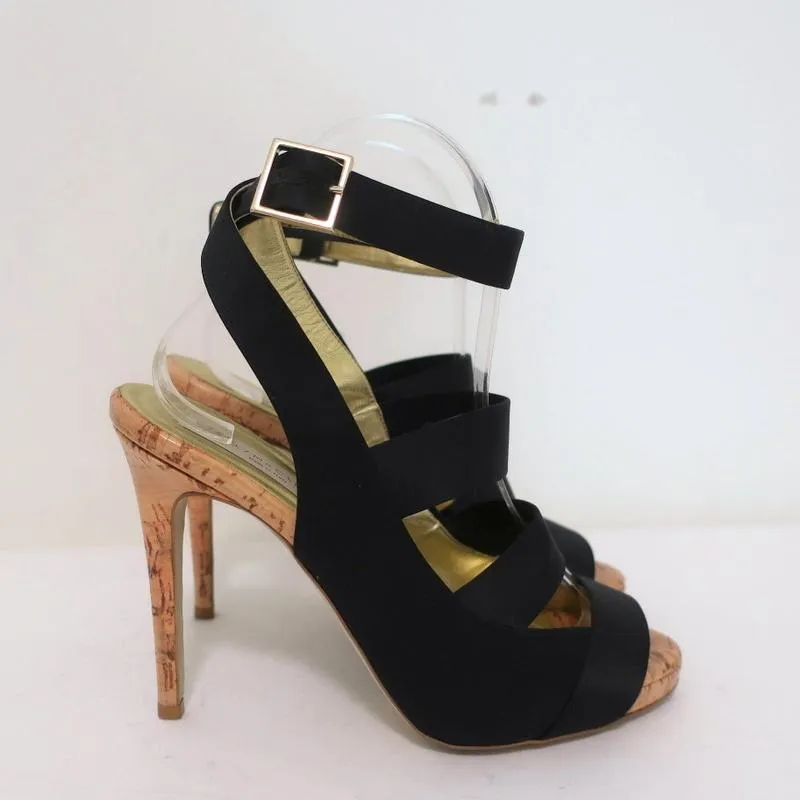 Stella McCartney Cage Sandals Black Satin & Cork Size 37 Ankle Strap Heels