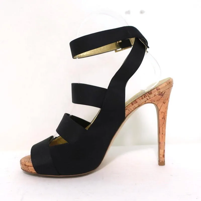 Stella McCartney Cage Sandals Black Satin & Cork Size 37 Ankle Strap Heels
