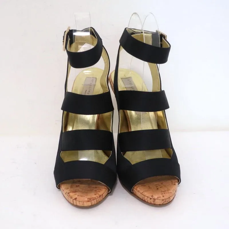 Stella McCartney Cage Sandals Black Satin & Cork Size 37 Ankle Strap Heels