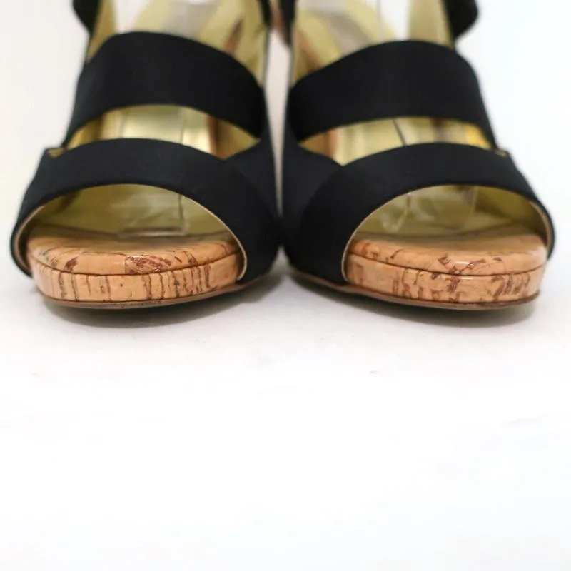 Stella McCartney Cage Sandals Black Satin & Cork Size 37 Ankle Strap Heels