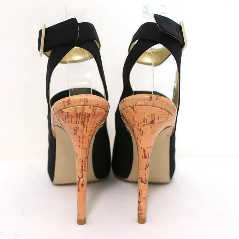 Stella McCartney Cage Sandals Black Satin & Cork Size 37 Ankle Strap Heels