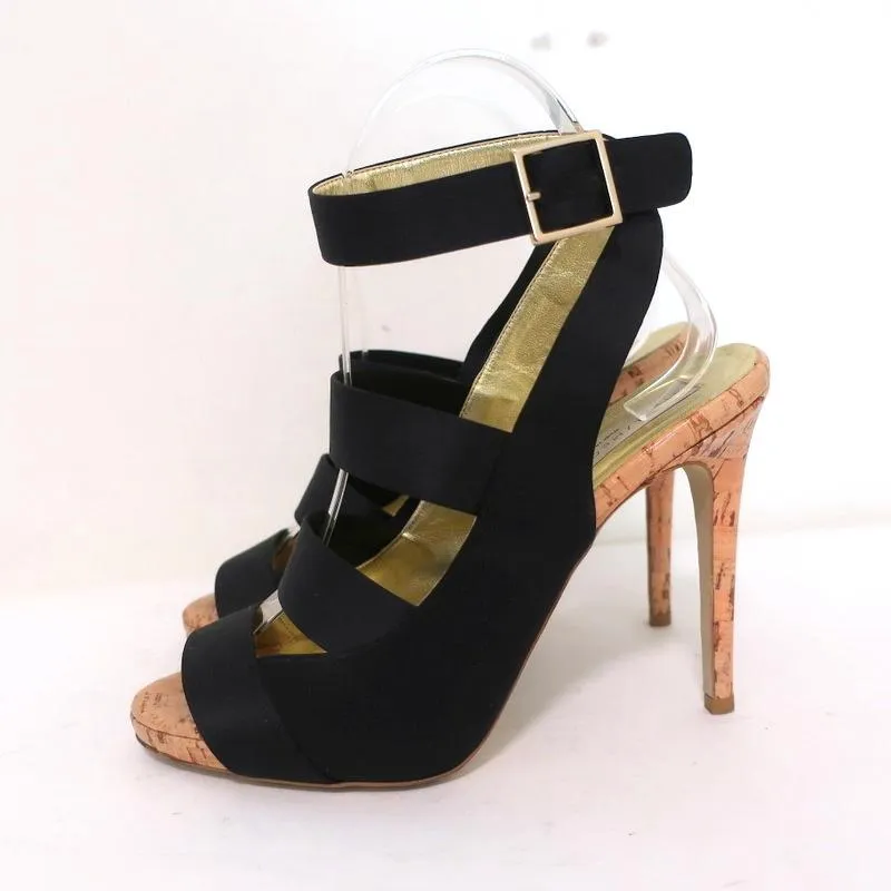 Stella McCartney Cage Sandals Black Satin & Cork Size 37 Ankle Strap Heels