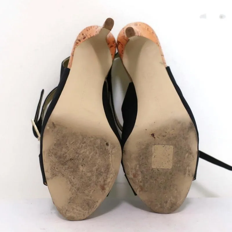 Stella McCartney Cage Sandals Black Satin & Cork Size 37 Ankle Strap Heels