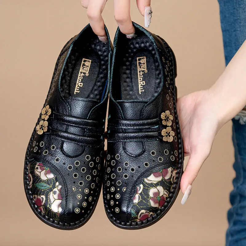 Summer genuine leather retro women's shoes soft sole non-slip hollow breathable comfortable sandals