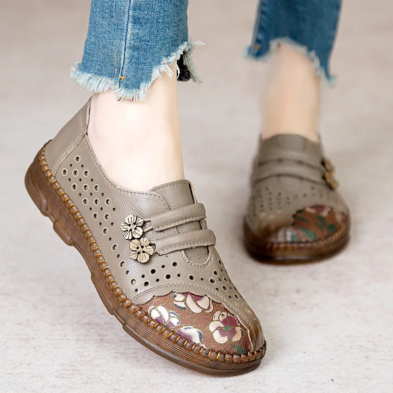 Summer genuine leather retro women's shoes soft sole non-slip hollow breathable comfortable sandals