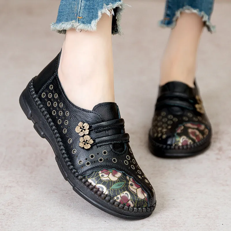 Summer genuine leather retro women's shoes soft sole non-slip hollow breathable comfortable sandals