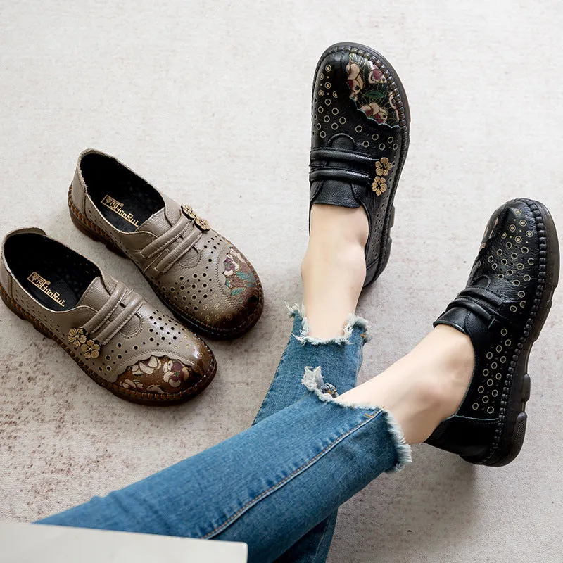Summer genuine leather retro women's shoes soft sole non-slip hollow breathable comfortable sandals