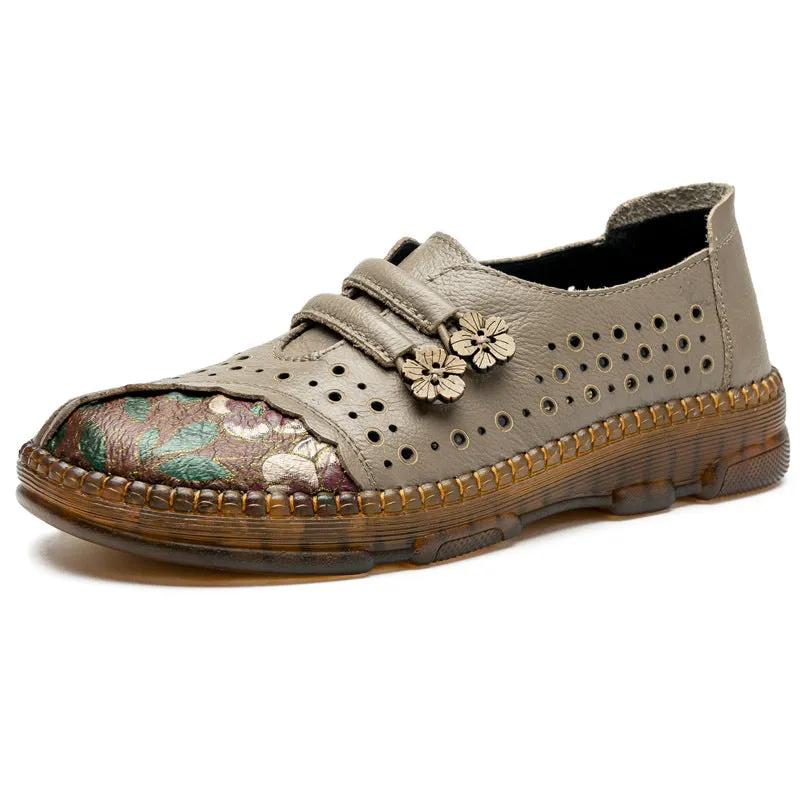Summer genuine leather retro women's shoes soft sole non-slip hollow breathable comfortable sandals
