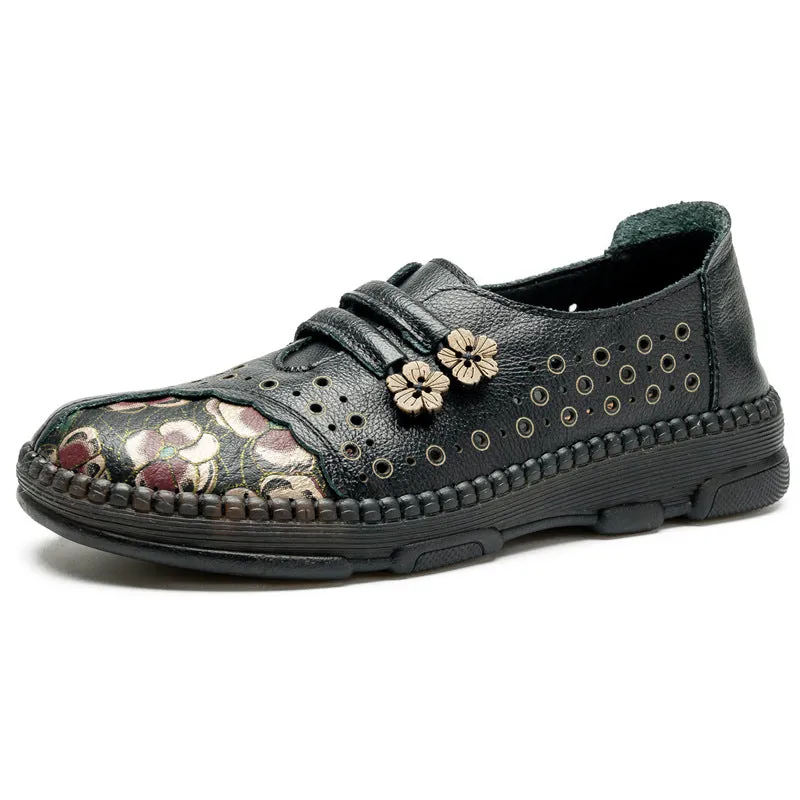 Summer genuine leather retro women's shoes soft sole non-slip hollow breathable comfortable sandals