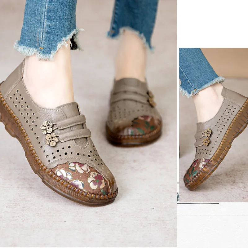 Summer genuine leather retro women's shoes soft sole non-slip hollow breathable comfortable sandals