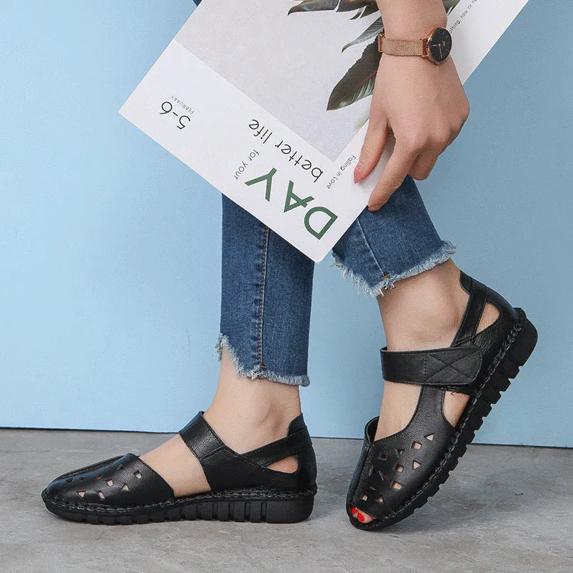Summer Genuine Leather Soft Sole Sandals Low Heel Comfortable Women's Shoes