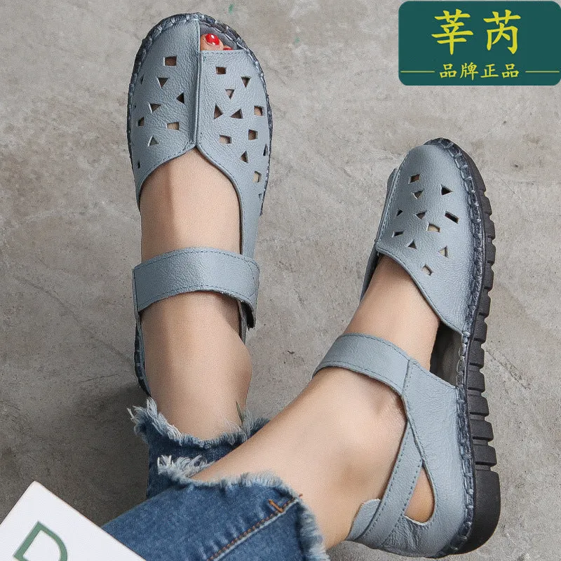 Summer Genuine Leather Soft Sole Sandals Low Heel Comfortable Women's Shoes