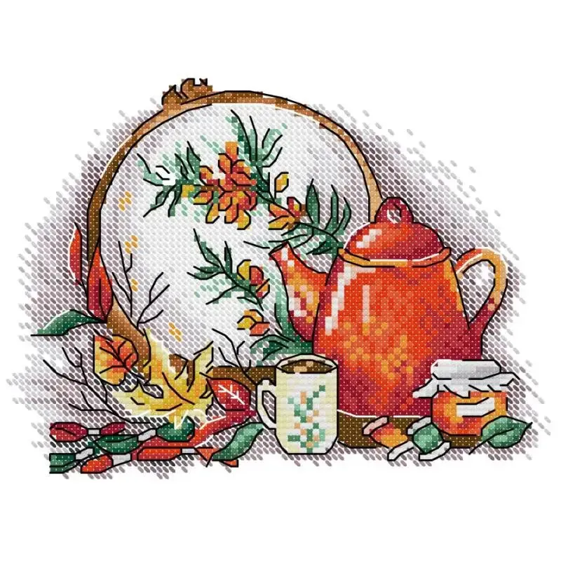 Tea Set and Embroidery Floral Pattern Cross Stitch Kits