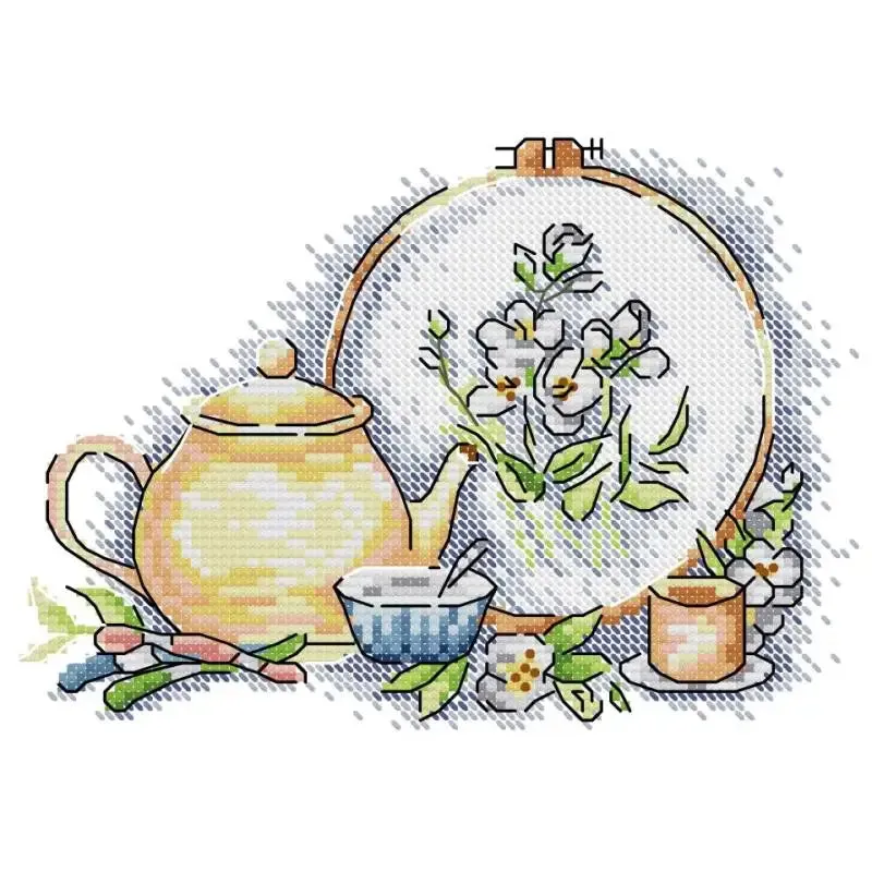 Tea Set and Embroidery Floral Pattern Cross Stitch Kits